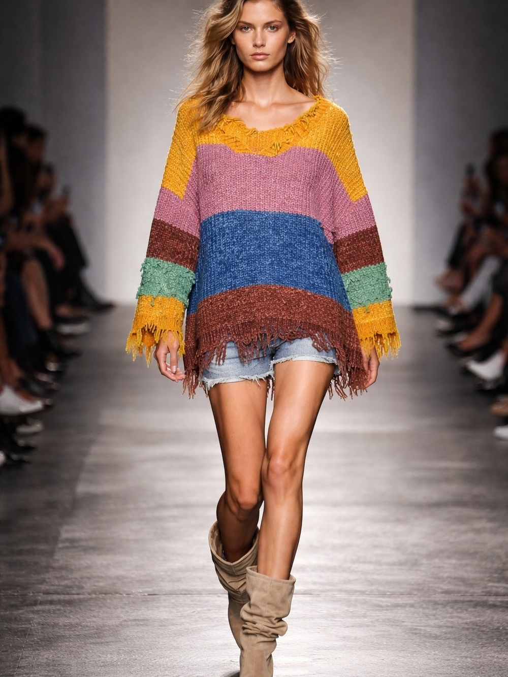 ODDY Multicolor Fringed V-Neck Sweater in Yellow, Pink, Blue, Green, Brown